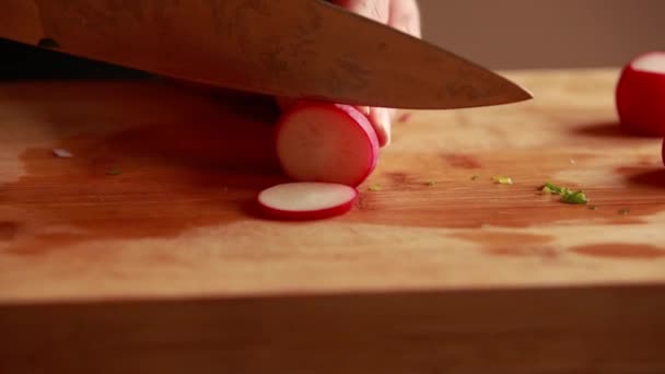 Woman Hand Cutting Radishes Wooden Board Close — Stock Video