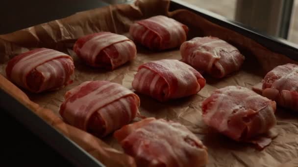 Preparando Bacon Embrulhado Almôndegas Perto — Vídeo de Stock
