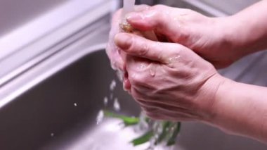 Kadın elleri mutfak lavabosunda bir demet yeşil soğan yıkıyor.