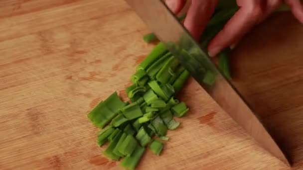 Mulher Mãos Cortando Cebola Verde Quadro Madeira Close — Vídeo de Stock