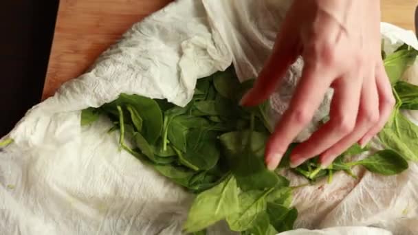 Zbliżenie Kobieta Ręce Suszenie Baby Szpinak Papieru Kuchennego — Wideo stockowe