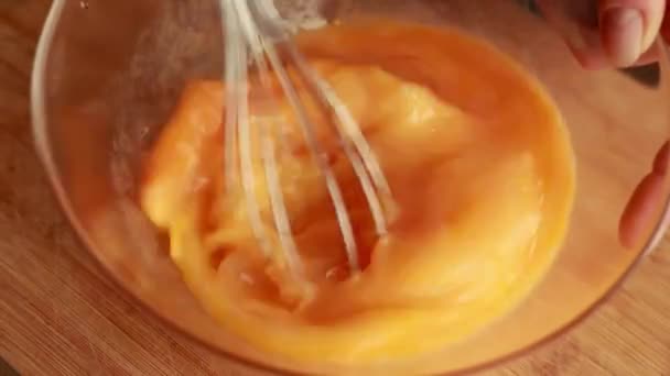 Close Shots Mixing Large Quantity Eggs Big Glass Bowl — Stock Video