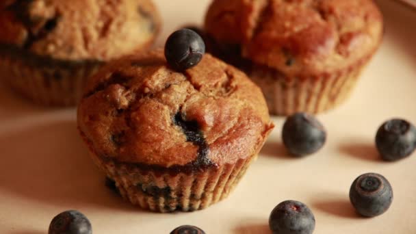 Nahaufnahme Gesunde Vegane Bananen Blueberry Muffins — Stockvideo