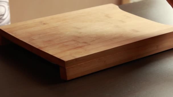 Close Two Unpeeled Bananas Wooden Cutting Board — Stock Video
