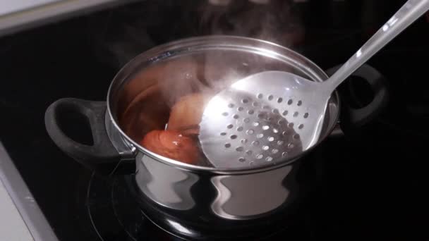 ストーブの鍋に卵を沸騰させる — ストック動画