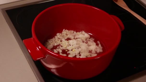 Close Stock Video Showing White Onions Sizzling Oil Red Pot — Stock Video