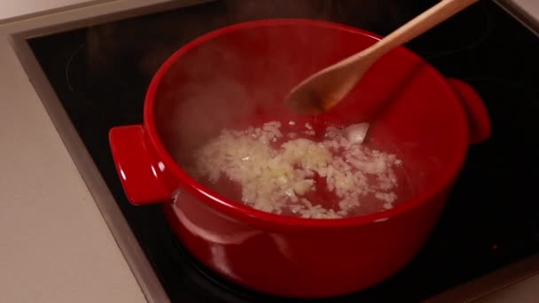 Close Stock Video Showing White Onions Sizzling Oil Red Pot — Stockvideo