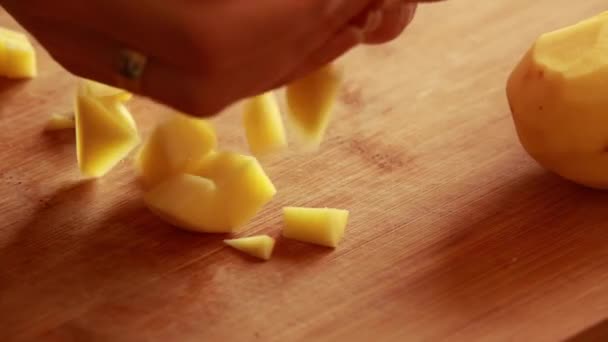 Potato Cubes Wooden Board Close — Stok Video