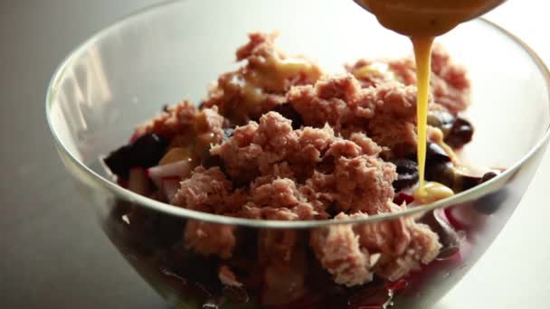 Tuna Crunchy Salad Mustard Lemon Dressing Close — Video Stock