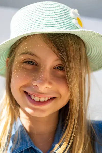 stock image Cute Blonde Pre-Teen with a Straw Hat Close Up