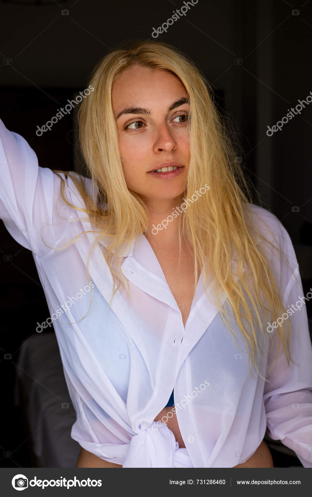 Beautiful Blonde Woman Oversized White Shirt Close — Stock Photo © funkybg #731286460
