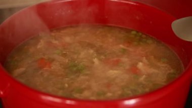 Limonlu tavuk çorbasını fırının üstünde yakın plan kırmızı kapta pişiriyorum.