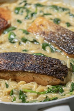 Pişmiş somon filetosu, beyaz bir tavada makarna ve ıspanak, sağlıklı ve lezzetli bir yemek sergiliyor.