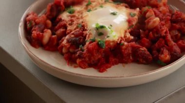 Sıcak, lezzetli bir Shakshuka 'nın yakın çekim videosu. Yumurta ve fasulye, zengin bir domates sosunda kaynıyor.
