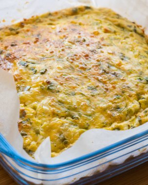 Lezzetli ve sağlıklı süzme peynirli kabaklı kiş. Bu altın fırınlanmış yemek bir kahvaltı ya da hafif bir öğle yemeği için mükemmel.