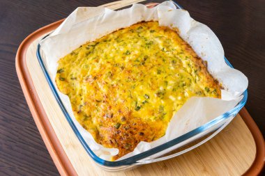 Lezzetli ve sağlıklı süzme peynirli kabaklı kiş. Bu altın fırınlanmış yemek bir kahvaltı ya da hafif bir öğle yemeği için mükemmel.