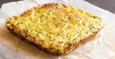 Lezzetli ve sağlıklı süzme peynirli kabaklı kiş. Bu altın fırınlanmış yemek bir kahvaltı ya da hafif bir öğle yemeği için mükemmel.