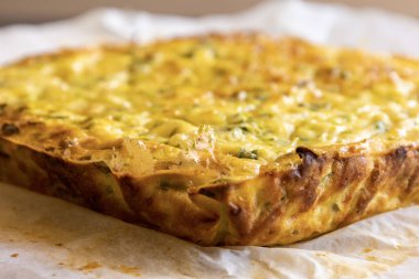 Lezzetli ve sağlıklı süzme peynirli kabaklı kiş. Bu altın fırınlanmış yemek bir kahvaltı ya da hafif bir öğle yemeği için mükemmel.