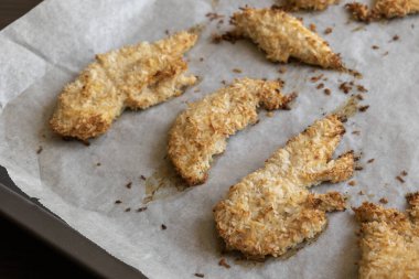  Hindistancevizi parçalarıyla kaplı fırında tavuk filetosu. Tropik aromalı yemek, çıtır çıtır, zengin lezzet akşam yemeği için mükemmel yemek.