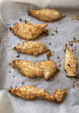  Hindistancevizi parçalarıyla kaplı fırında tavuk filetosu. Tropik aromalı yemek, çıtır çıtır, zengin lezzet akşam yemeği için mükemmel yemek.