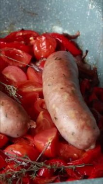 Kızarmış kırmızı soğan dolmalık biber ve domuz sosisi tepside.