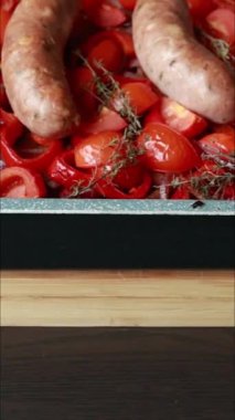 Kızarmış kırmızı soğan dolmalık biber ve domuz sosisi tepside.