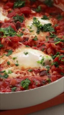 Tavada yumurta ve fasulye sağlıklı akşam yemeği. Dikey videoyu kapat.