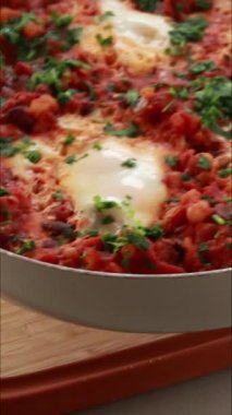 Tavada yumurta ve fasulye sağlıklı akşam yemeği. Dikey videoyu kapat.