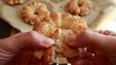 Lezzetli sonbahar tatlısı elmalı börek kahverengi şeker ve tarçınlı altın çıtır çıtır taze pişirilmiş stok videosu.