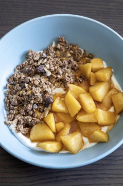 Sıcak sonbahar kahvaltı kasesi Yunan yoğurdu, karamelli elma.