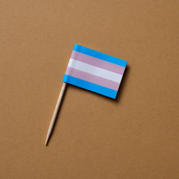 在棕色背景上的木制杆子上的跨性别骄傲旗的高角视图 正方形格式 — 图库照片
