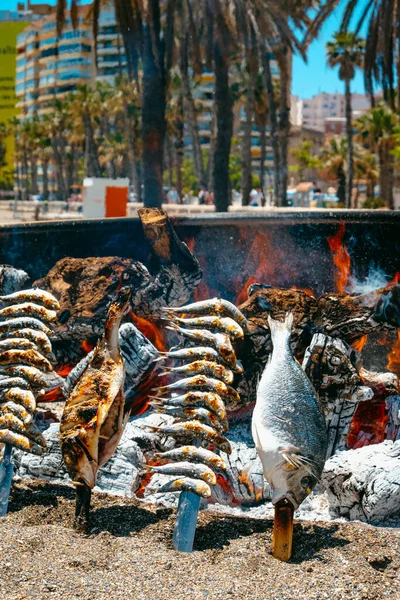 Closeup Some Fishes Espetos Kind Skewers Being Cooked Wood Fire — Stock Photo, Image