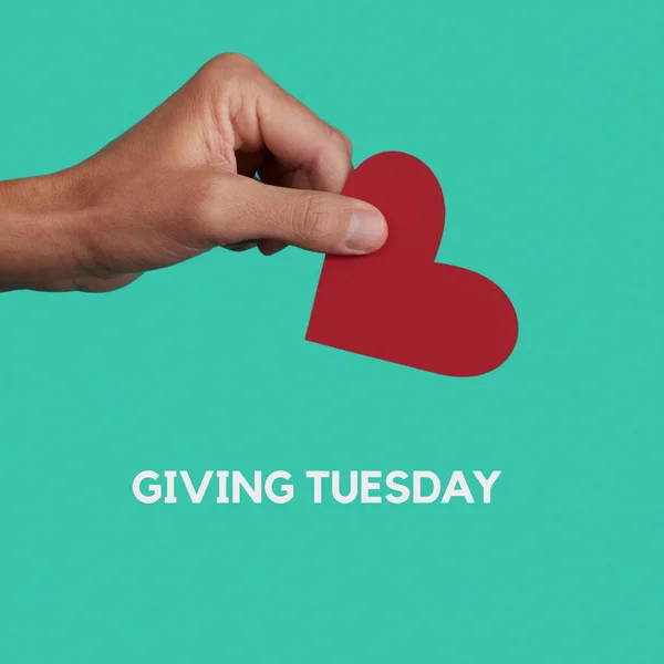 the text giving tuesday and a man giving a red heart on a greenish blue background, in a square format