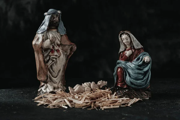 Holy Family Saint Joseph Virgin Mary Child Jesus Pile Straw — Stock Photo, Image