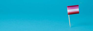 a lesbian flag attached to a wooden pole standing on a blue background, in a panoramic format to use as web banner or header