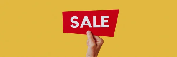 White Man Holds Red Sign His Hand Text Sale Yellow — Stockfoto