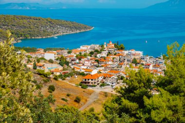 an aerial view of Palaia Epidavros, in the Aegean sea, Greece, on a summer day