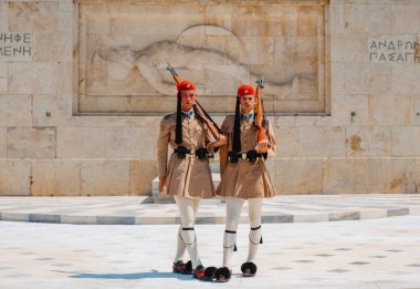Athens, Greece - August 30, 2022: Two Evzones side by side during the changing of the guard at the Tomb of the Unknown Soldier in Athens, Greece