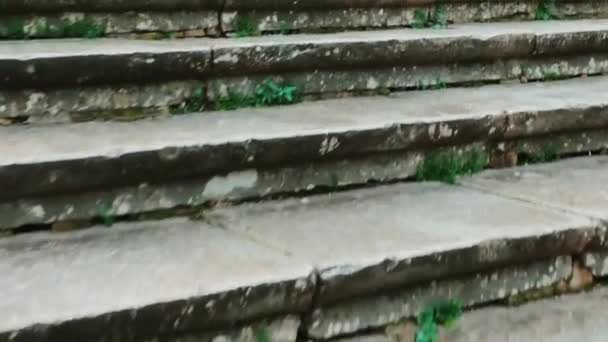 Camera Climbing Old Weathered Stairs Outdoors Staircase Europe Autumn Winter Stockvideo