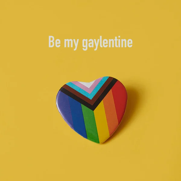 Heart Shaped Progress Pride Flag Text Gaylentine Orangish Yellow Background — Stok fotoğraf