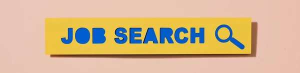 Yellow Paper Sign Reads Job Search Blue Pale Pink Background — Stockfoto