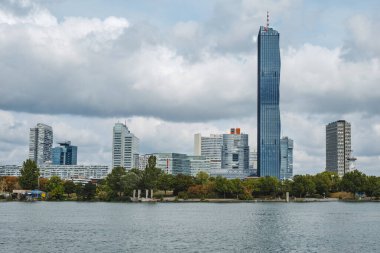 Vienna, Austria - August 28, 2022: A view of the skyline of Donau City, also known as Vienna DC, in Vienna, Austria, on the left bank of the Danube river