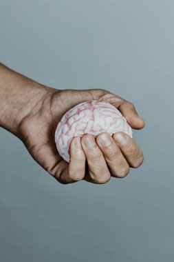 a man squeezes a fake brain in his hand, on a pale gray background