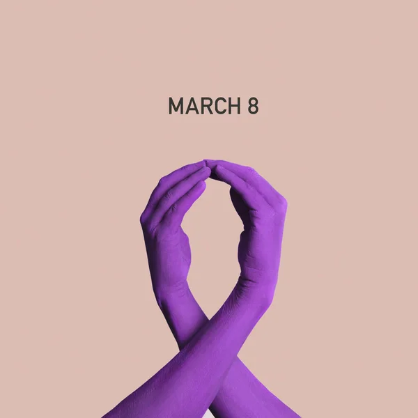 the text march 8 and a pair of hands, painted violet, forming a purple awareness ribbon on a pink background