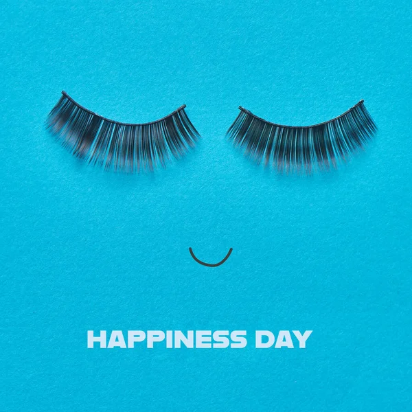 Pair Fake Eyelashes Smiling Mouth Forming Happy Face Text Happiness — Φωτογραφία Αρχείου