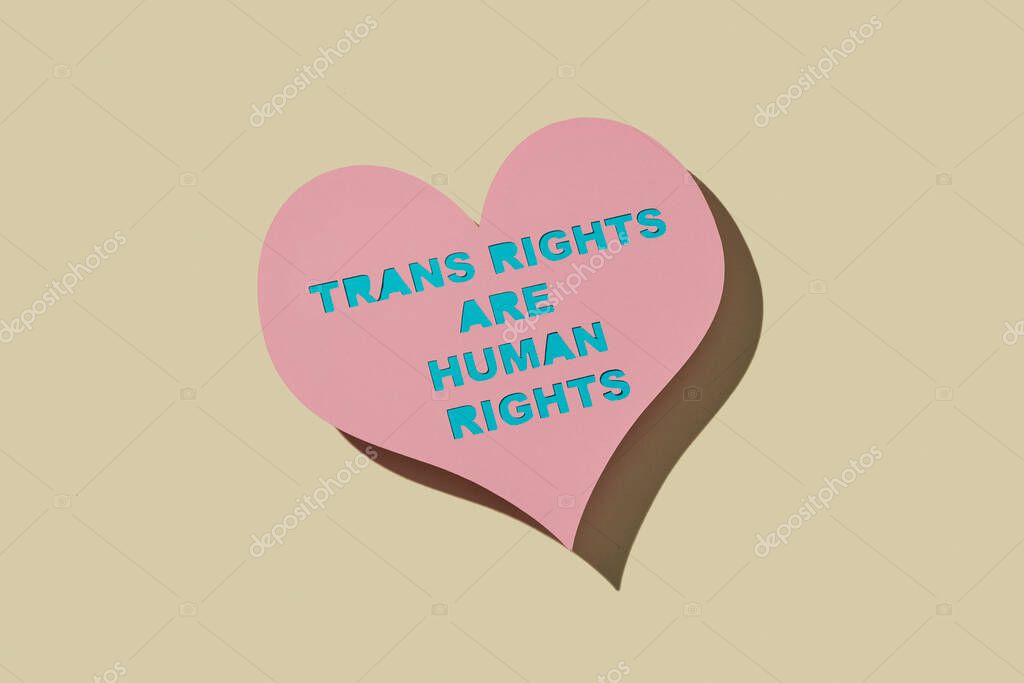 a pink heart-shaped cardboard sign with the text transgender rights are ...
