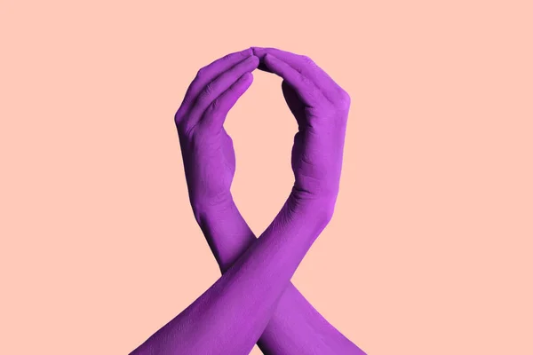 a pair of hands, painted violet, forming a violet awareness ribbon, as the violet is the color of the feminists, on a pink background