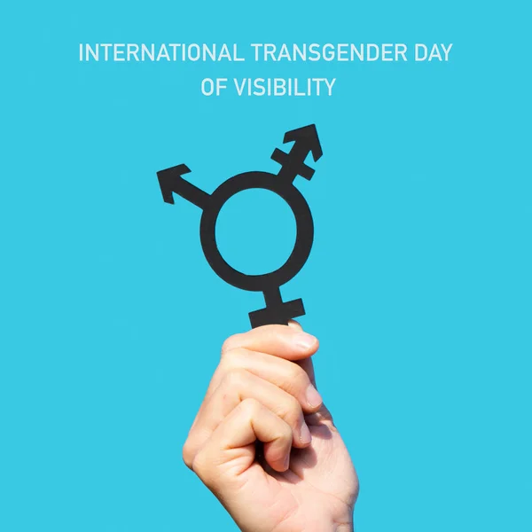 Tekst Międzynarodowy Transgenderowy Dzień Widoczności Ręka Młodej Osoby Kaukaskiej Symbolem — Zdjęcie stockowe