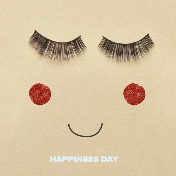 Text Happiness Day Pair Fake Eyelashes Smiling Mouth Forming Happy — Stock Photo, Image