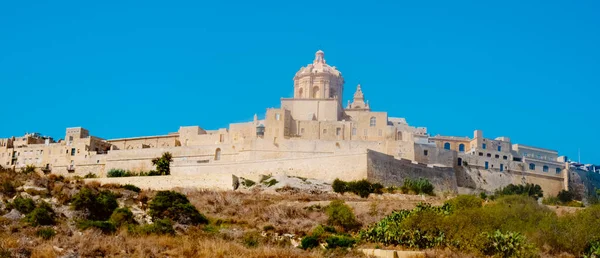 Panoramic View Fortified Old Town Mdina Malta Highlighting Dome Pauls — Stock Photo, Image